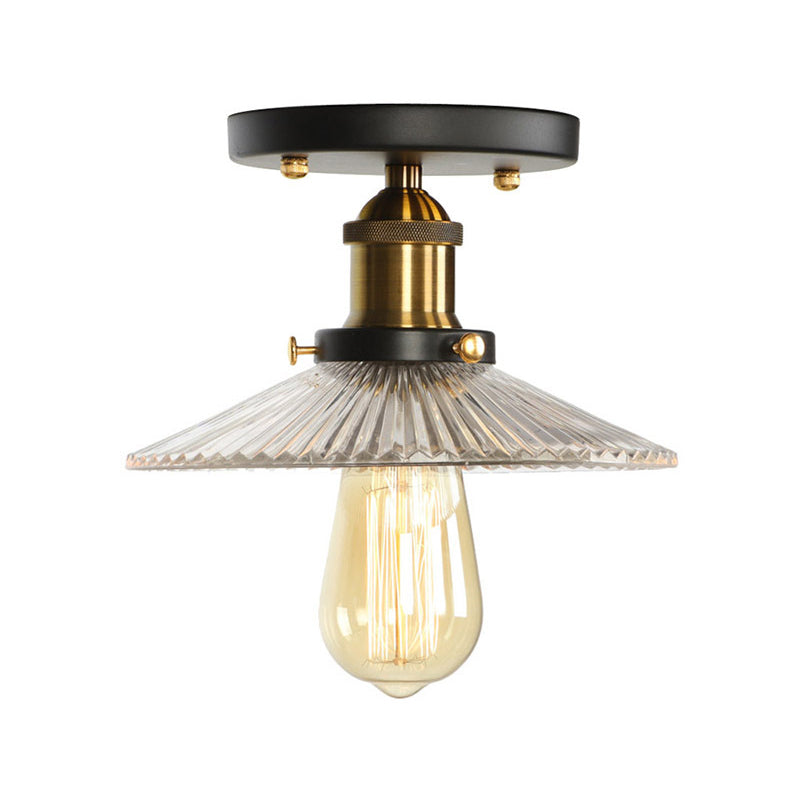 Globe/Pear Mini Corridor Semi Flush Light Farmhouse Clear/Clear Ribbed Glass 1 Head Black and Brass Ceiling Lamp Brass F Clearhalo 'Ceiling Lights' 'Close To Ceiling Lights' 'Close to ceiling' 'Semi-flushmount' Lighting' 1918807