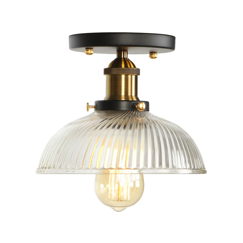 Globe/Pear Mini Corridor Semi Flush Light Farmhouse Clear/Clear Ribbed Glass 1 Head Black and Brass Ceiling Lamp Brass H Clearhalo 'Ceiling Lights' 'Close To Ceiling Lights' 'Close to ceiling' 'Semi-flushmount' Lighting' 1918809