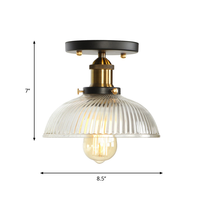 Globe/Pear Mini Corridor Semi Flush Light Farmhouse Clear/Clear Ribbed Glass 1 Head Black and Brass Ceiling Lamp Clearhalo 'Ceiling Lights' 'Close To Ceiling Lights' 'Close to ceiling' 'Semi-flushmount' Lighting' 1918810