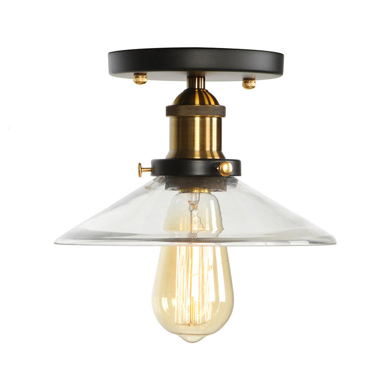 Globe/Pear Mini Corridor Semi Flush Light Farmhouse Clear/Clear Ribbed Glass 1 Head Black and Brass Ceiling Lamp Brass G Clearhalo 'Ceiling Lights' 'Close To Ceiling Lights' 'Close to ceiling' 'Semi-flushmount' Lighting' 1918811