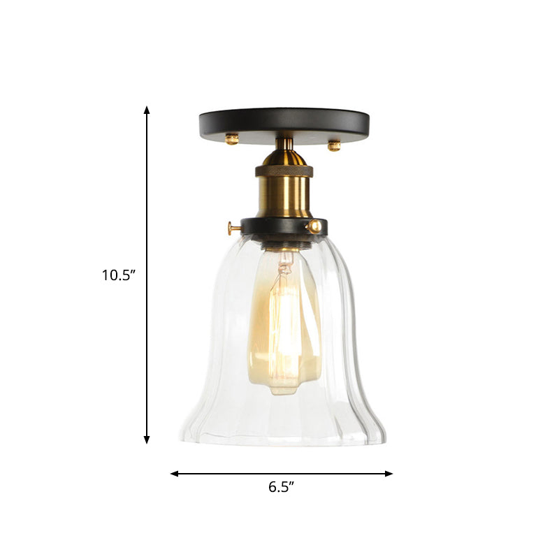 Globe/Pear Mini Corridor Semi Flush Light Farmhouse Clear/Clear Ribbed Glass 1 Head Black and Brass Ceiling Lamp Clearhalo 'Ceiling Lights' 'Close To Ceiling Lights' 'Close to ceiling' 'Semi-flushmount' Lighting' 1918814