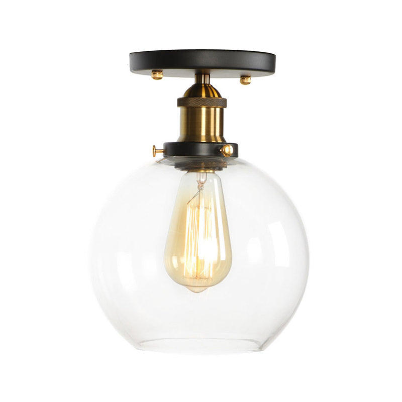 Globe/Pear Mini Corridor Semi Flush Light Farmhouse Clear/Clear Ribbed Glass 1 Head Black and Brass Ceiling Lamp Brass B Clearhalo 'Ceiling Lights' 'Close To Ceiling Lights' 'Close to ceiling' 'Semi-flushmount' Lighting' 1918815