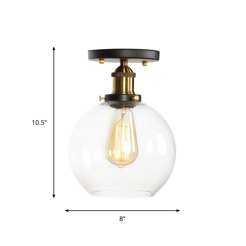 Globe/Pear Mini Corridor Semi Flush Light Farmhouse Clear/Clear Ribbed Glass 1 Head Black and Brass Ceiling Lamp Clearhalo 'Ceiling Lights' 'Close To Ceiling Lights' 'Close to ceiling' 'Semi-flushmount' Lighting' 1918816