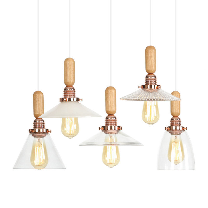 1-Light Saucer/Bell Shade Hanging Lamp Rustic Rose Gold Clear/Clear Ribbed Glass Ceiling Pendant with Wood Handle Clearhalo 'Art Deco Pendants' 'Cast Iron' 'Ceiling Lights' 'Ceramic' 'Crystal' 'Industrial Pendants' 'Industrial' 'Metal' 'Middle Century Pendants' 'Pendant Lights' 'Pendants' 'Tiffany' Lighting' 1918817