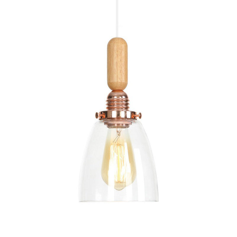 1-Light Saucer/Bell Shade Hanging Lamp Rustic Rose Gold Clear/Clear Ribbed Glass Ceiling Pendant with Wood Handle Rose Gold A Clearhalo 'Art Deco Pendants' 'Cast Iron' 'Ceiling Lights' 'Ceramic' 'Crystal' 'Industrial Pendants' 'Industrial' 'Metal' 'Middle Century Pendants' 'Pendant Lights' 'Pendants' 'Tiffany' Lighting' 1918818