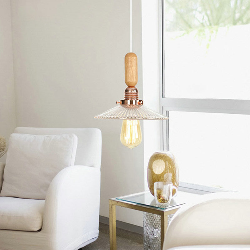 1-Light Saucer/Bell Shade Hanging Lamp Rustic Rose Gold Clear/Clear Ribbed Glass Ceiling Pendant with Wood Handle Rose Gold F Clearhalo 'Art Deco Pendants' 'Cast Iron' 'Ceiling Lights' 'Ceramic' 'Crystal' 'Industrial Pendants' 'Industrial' 'Metal' 'Middle Century Pendants' 'Pendant Lights' 'Pendants' 'Tiffany' Lighting' 1918820