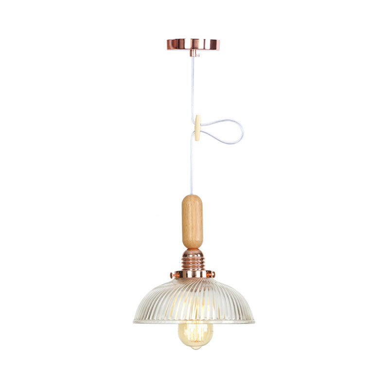 1-Light Saucer/Bell Shade Hanging Lamp Rustic Rose Gold Clear/Clear Ribbed Glass Ceiling Pendant with Wood Handle Rose Gold H Clearhalo 'Art Deco Pendants' 'Cast Iron' 'Ceiling Lights' 'Ceramic' 'Crystal' 'Industrial Pendants' 'Industrial' 'Metal' 'Middle Century Pendants' 'Pendant Lights' 'Pendants' 'Tiffany' Lighting' 1918829