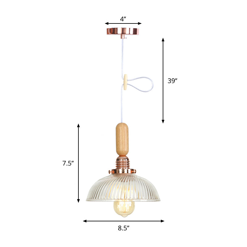 1-Light Saucer/Bell Shade Hanging Lamp Rustic Rose Gold Clear/Clear Ribbed Glass Ceiling Pendant with Wood Handle Clearhalo 'Art Deco Pendants' 'Cast Iron' 'Ceiling Lights' 'Ceramic' 'Crystal' 'Industrial Pendants' 'Industrial' 'Metal' 'Middle Century Pendants' 'Pendant Lights' 'Pendants' 'Tiffany' Lighting' 1918830