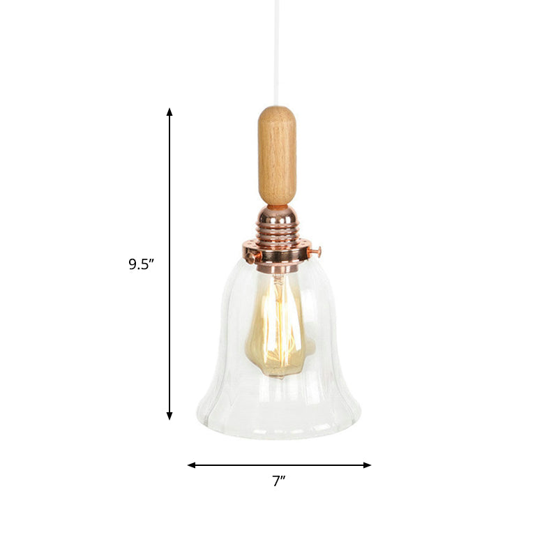 1-Light Saucer/Bell Shade Hanging Lamp Rustic Rose Gold Clear/Clear Ribbed Glass Ceiling Pendant with Wood Handle Clearhalo 'Art Deco Pendants' 'Cast Iron' 'Ceiling Lights' 'Ceramic' 'Crystal' 'Industrial Pendants' 'Industrial' 'Metal' 'Middle Century Pendants' 'Pendant Lights' 'Pendants' 'Tiffany' Lighting' 1918832