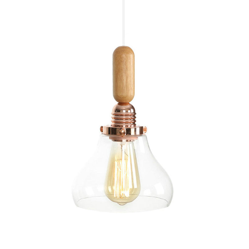 1-Light Saucer/Bell Shade Hanging Lamp Rustic Rose Gold Clear/Clear Ribbed Glass Ceiling Pendant with Wood Handle Rose Gold D Clearhalo 'Art Deco Pendants' 'Cast Iron' 'Ceiling Lights' 'Ceramic' 'Crystal' 'Industrial Pendants' 'Industrial' 'Metal' 'Middle Century Pendants' 'Pendant Lights' 'Pendants' 'Tiffany' Lighting' 1918833