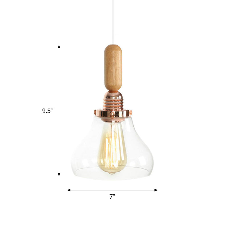 1-Light Saucer/Bell Shade Hanging Lamp Rustic Rose Gold Clear/Clear Ribbed Glass Ceiling Pendant with Wood Handle Clearhalo 'Art Deco Pendants' 'Cast Iron' 'Ceiling Lights' 'Ceramic' 'Crystal' 'Industrial Pendants' 'Industrial' 'Metal' 'Middle Century Pendants' 'Pendant Lights' 'Pendants' 'Tiffany' Lighting' 1918834