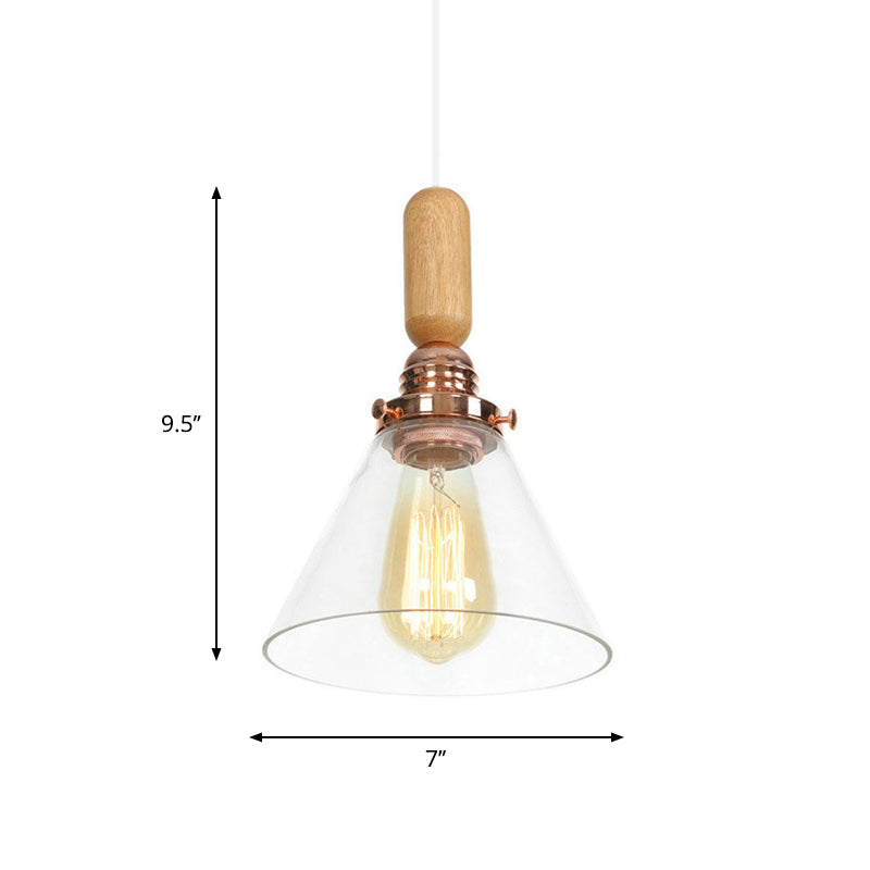 1-Light Saucer/Bell Shade Hanging Lamp Rustic Rose Gold Clear/Clear Ribbed Glass Ceiling Pendant with Wood Handle Clearhalo 'Art Deco Pendants' 'Cast Iron' 'Ceiling Lights' 'Ceramic' 'Crystal' 'Industrial Pendants' 'Industrial' 'Metal' 'Middle Century Pendants' 'Pendant Lights' 'Pendants' 'Tiffany' Lighting' 1918836