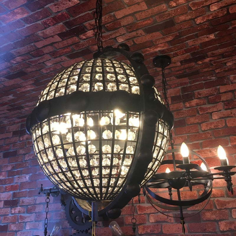 Rustic Wire Cage Globe Chandelier 6 Bulbs Beveled Crystal Pendant Ceiling Light in Black Clearhalo 'Ceiling Lights' 'Chandeliers' Lighting' options 1918874