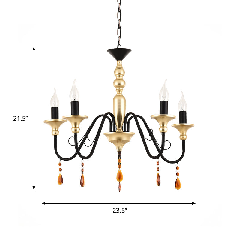 Metal Black-Gold Hanging Light Candelabra 3/5/8 Heads Farmhouse Pendant Chandelier with Amber Crystal Drape Clearhalo 'Ceiling Lights' 'Chandeliers' Lighting' options 1918888