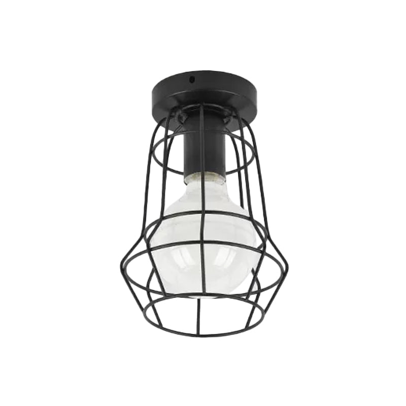 Urn/Vase Cage Metal Flush Mount Light Vintage Style 1 Bulb Living Room Ceiling Light Fixture in Black Clearhalo 'Ceiling Lights' 'Close To Ceiling Lights' 'Close to ceiling' 'Semi-flushmount' Lighting' 1919051