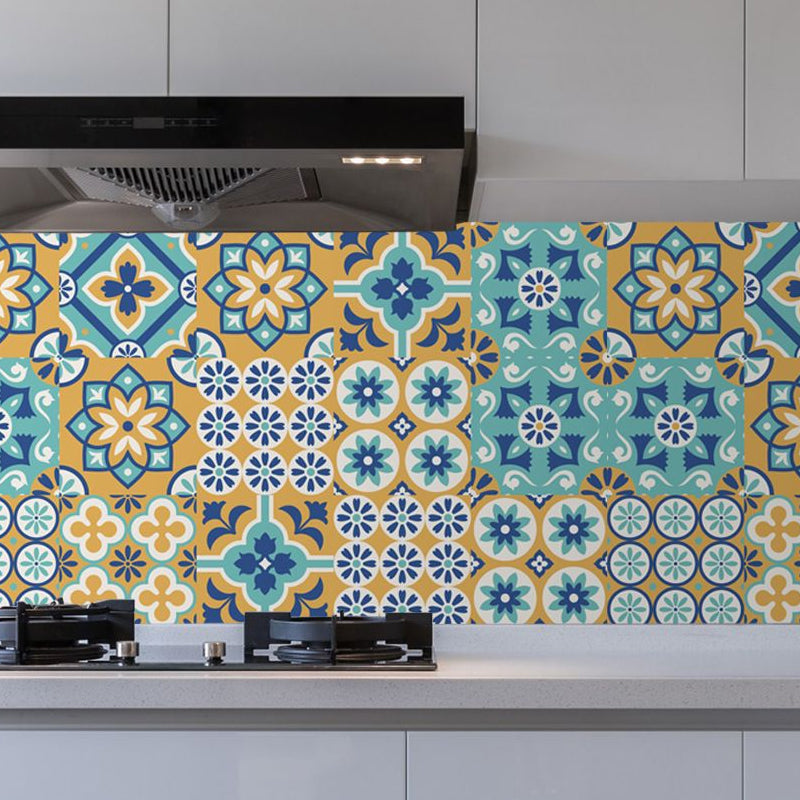 Bohemian Floral Tile Wallpaper Panel Blue Self Sticking Wall Art for Kitchen Backsplash Blue Clearhalo 'Wall Decor' 'Wallpaper' 1921844