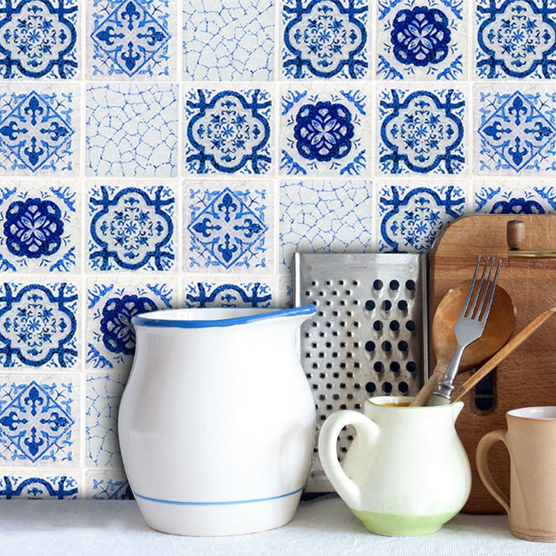 Blue Painted Flower Wallpapers Stick On Boho Washroom Wall Art, 5.8-sq ft (54 Pieces) Blue 1 Set Clearhalo 'Wall Decor' 'Wallpaper' 1921898