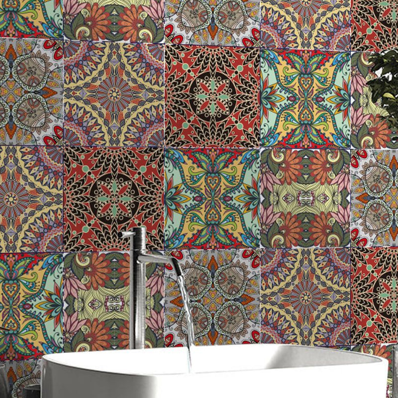 Botanics Indian Pattern Wallpaper Panels 50 Pcs Boho PVC Wall Covering in Red, Self-Stick Clearhalo 'Wall Decor' 'Wallpaper' 1921919