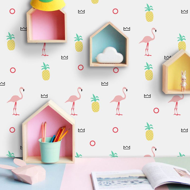 Self-Sticking Cartoon Wallpaper Panel Set Yellow-Pink Flamingo and Pineapple Print Wall Art, 4' x 20.5" Clearhalo 'Wall Decor' 'Wallpaper' 1922082