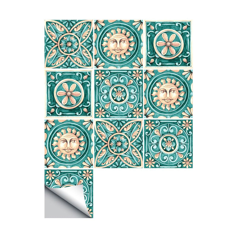 Egypt Tribal Pattern Stick Wallpapers Green Faux Embossed Sun and Flower Tile Wall Decor Clearhalo 'Wall Decor' 'Wallpaper' 1922397