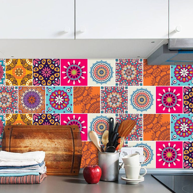 Boho-Chic Mandala Wallpaper Panels for Kitchen 8' L x 8" W Adhesive Wall Art in Orange Orange Clearhalo 'Wall Decor' 'Wallpaper' 1922402