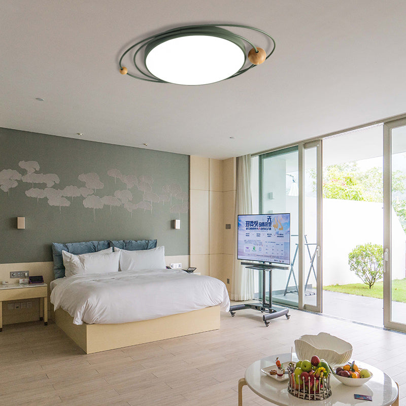 Drum Flush Lamp with Orbit Design Nordic Style Metal Led Indoor Flush Ceiling Light in Green/Grey/White, 21"/26"/31" W Clearhalo 'Ceiling Lights' 'Close To Ceiling Lights' 'Close to ceiling' 'Flush mount' Lighting' 1922641