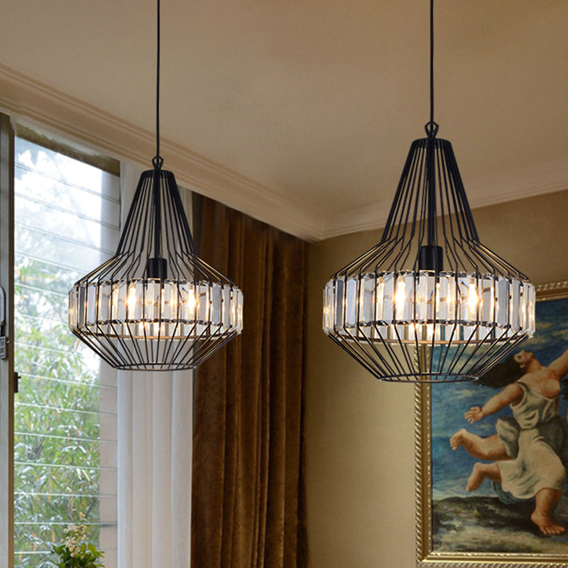 Crystal Block Pendant Ceiling Light Black Geometric Metal Cage Pendant Light Clearhalo 'Art Deco Pendants' 'Cast Iron' 'Ceiling Lights' 'Ceramic' 'Crystal' 'Industrial Pendants' 'Industrial' 'Metal' 'Middle Century Pendants' 'Pendant Lights' 'Pendants' 'Tiffany' Lighting' 1927069
