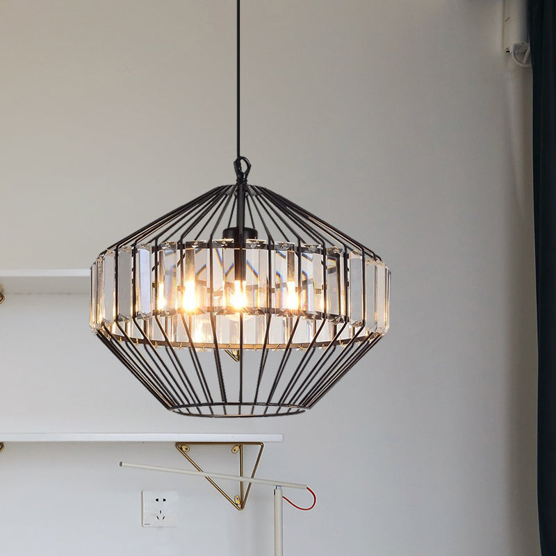 Crystal Block Pendant Ceiling Light Black Geometric Metal Cage Pendant Light Clearhalo 'Art Deco Pendants' 'Cast Iron' 'Ceiling Lights' 'Ceramic' 'Crystal' 'Industrial Pendants' 'Industrial' 'Metal' 'Middle Century Pendants' 'Pendant Lights' 'Pendants' 'Tiffany' Lighting' 1927085