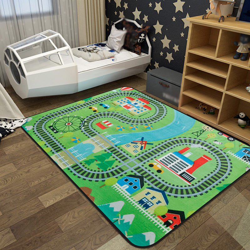 Cartoon Railway Area Rug Multi Color Polypropylene Carpet Pet Friendly Anti-Slip Rug for Kids Clearhalo 'Area Rug' 'Rug' 1927465