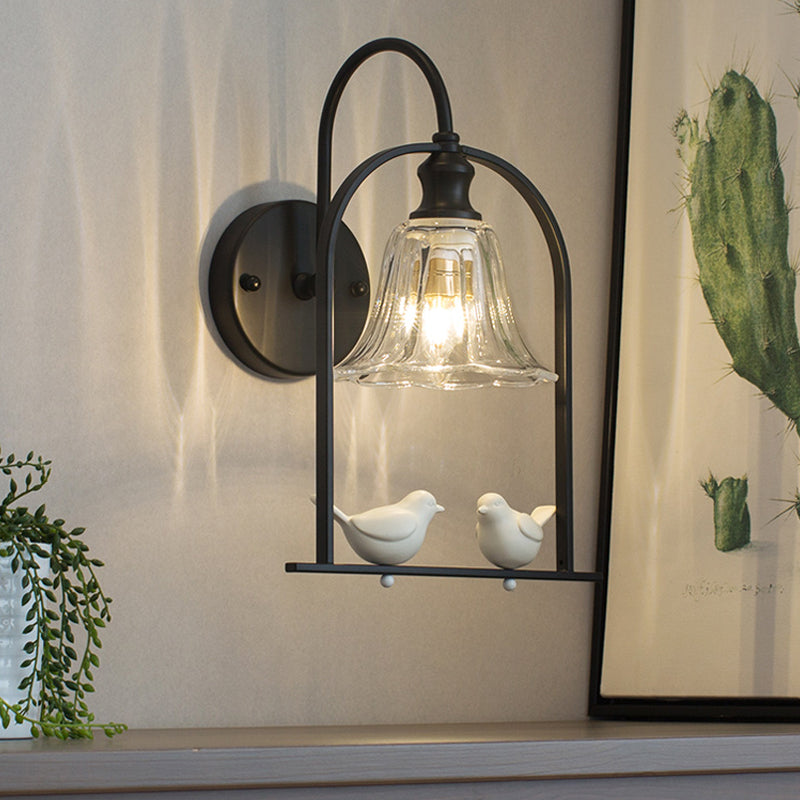 Creative Bell Sconce Light with Bird Decor 1 Light Transparent Glass LED Wall Lamp for Balcony Black Clearhalo 'Wall Lamps & Sconces' 'Wall Lights' Lighting' 192796
