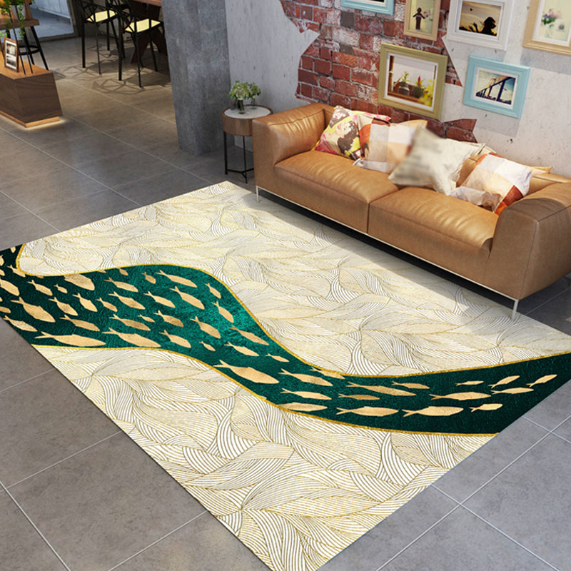 Dark Leaf Print Rug with River Cluster Fishes Polyester Asian Style Carpet Stain Resistant Rug for Living Room Green Clearhalo 'Area Rug' 'Rug' 1928035
