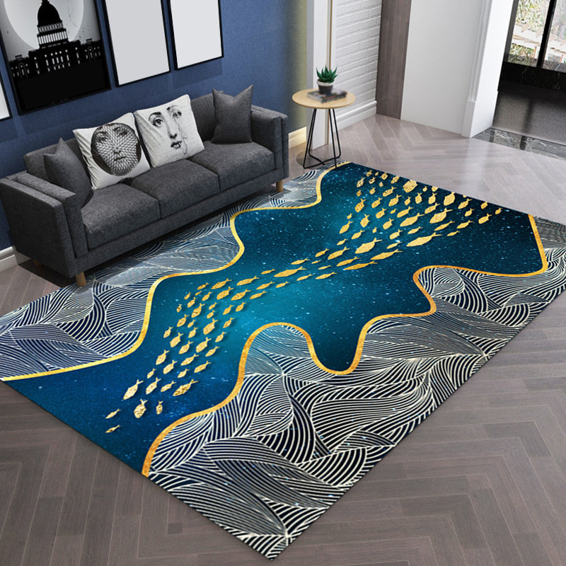 Dark Leaf Print Rug with River Cluster Fishes Polyester Asian Style Carpet Stain Resistant Rug for Living Room Blue Clearhalo 'Area Rug' 'Rug' 1928041