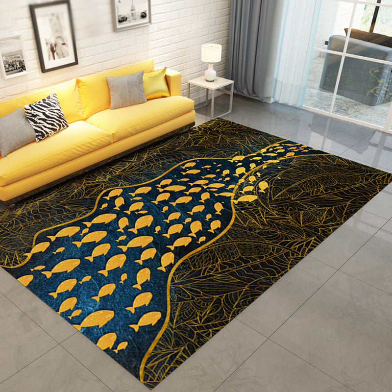 Dark Leaf Print Rug with River Cluster Fishes Polyester Asian Style Carpet Stain Resistant Rug for Living Room Black Clearhalo 'Area Rug' 'Rug' 1928044