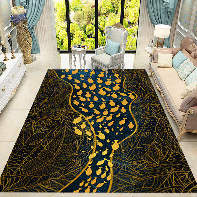 Dark Leaf Print Rug with River Cluster Fishes Polyester Asian Style Carpet Stain Resistant Rug for Living Room Clearhalo 'Area Rug' 'Rug' 1928045