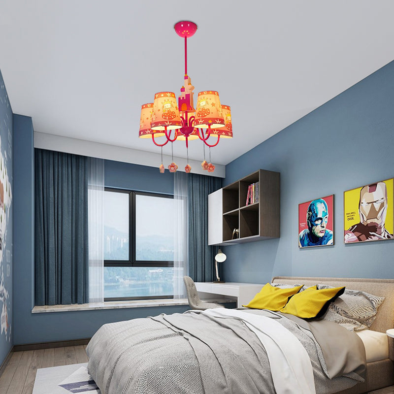 5 Lights Castle Chandelier with Princess Kids Metal Hanging Light in Pink for Girls Bedroom Clearhalo 'Ceiling Lights' 'Chandeliers' Lighting' options 193208