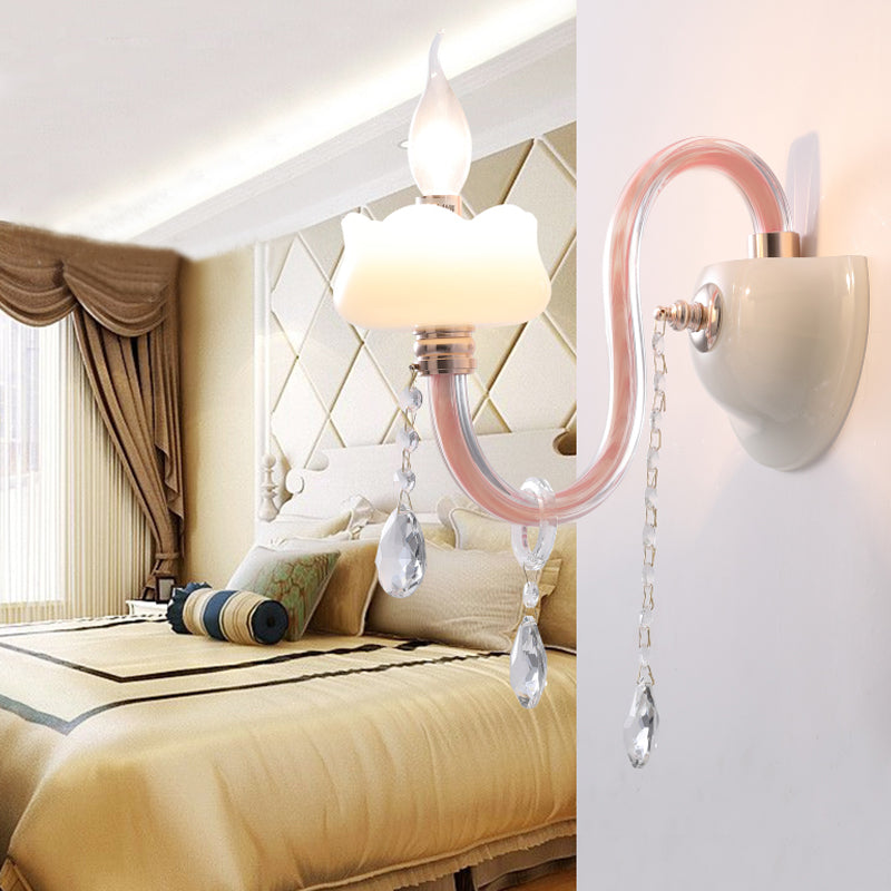 Pink Candle Sconce Light with Clear Crystal Traditional Style Metal Wall Lamp for Bathroom 1.0 Pink Clearhalo 'Wall Lamps & Sconces' 'Wall Lights' Lighting' 193268