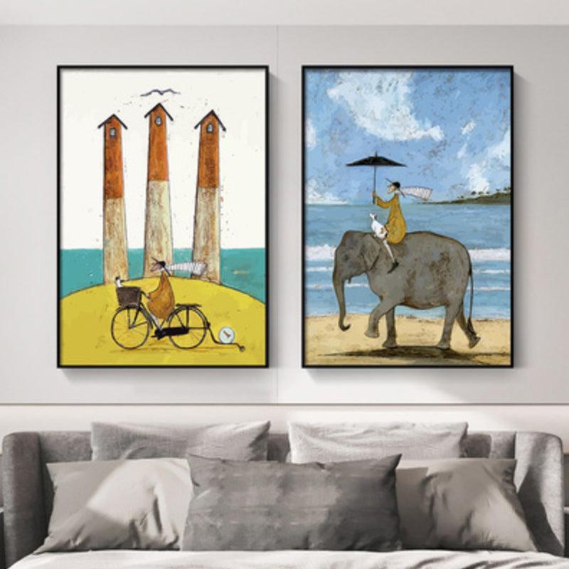 Kids Illustration Sightseeing Canvas Print Soft Color Textured Wall Art, Set of 2 Blue Clearhalo 'Art Gallery' 'Canvas Art' 'Kids' Arts' 1932929