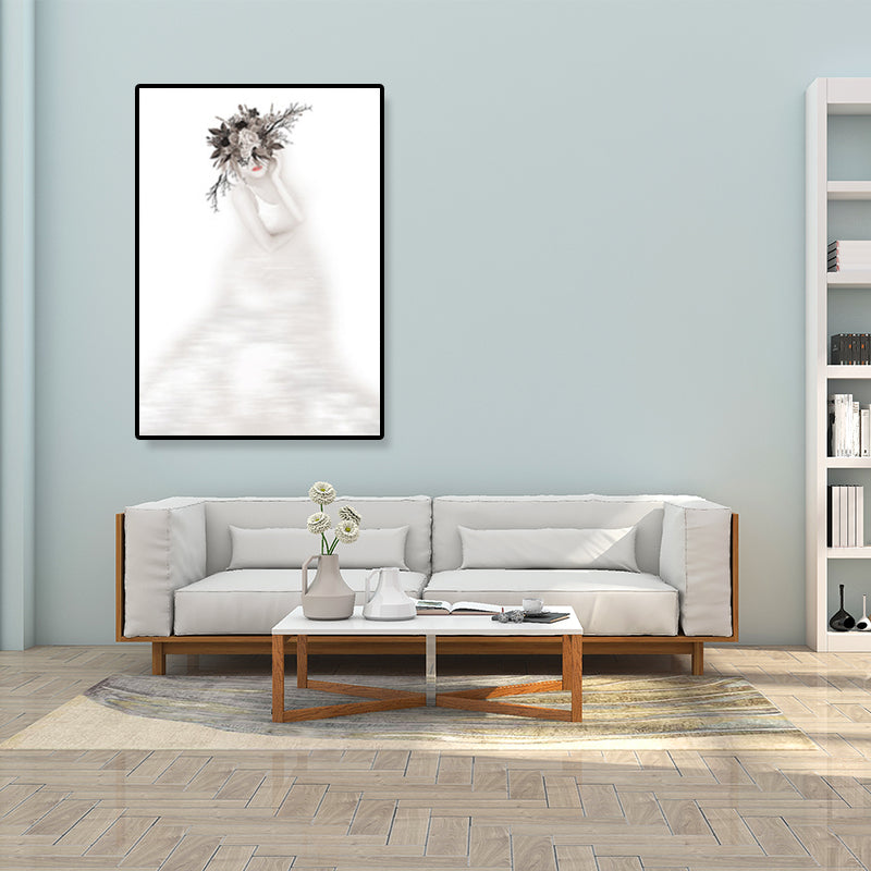 Grey Figure Portrait Wall Art Girl with Wreath Minimalist Textured Canvas Print for Bedroom Clearhalo 'Art Gallery' 'Canvas Art' 'Contemporary Art Gallery' 'Modern' Arts' 1933065