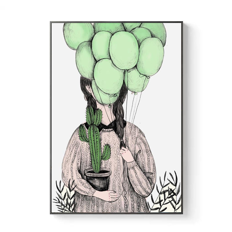 Girl and Cactus Wall Art Textured Contemporary Living Room Canvas Print in Soft Color Clearhalo 'Art Gallery' 'Canvas Art' 'Contemporary Art Gallery' 'Modern' Arts' 1933292