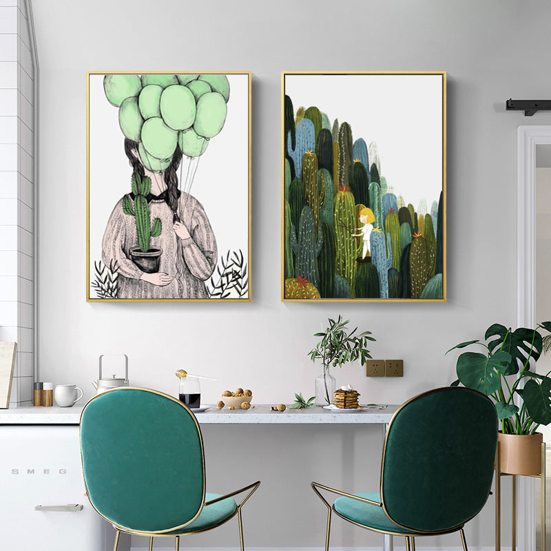 Girl and Cactus Wall Art Textured Contemporary Living Room Canvas Print in Soft Color Clearhalo 'Art Gallery' 'Canvas Art' 'Contemporary Art Gallery' 'Modern' Arts' 1933296