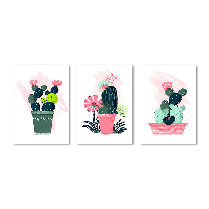Cartoon Pot Cactus Canvas Pastel Color Textured Wall Art for Girls Bedroom Clearhalo 'Art Gallery' 'Canvas Art' 'Kids' Arts' 1933476
