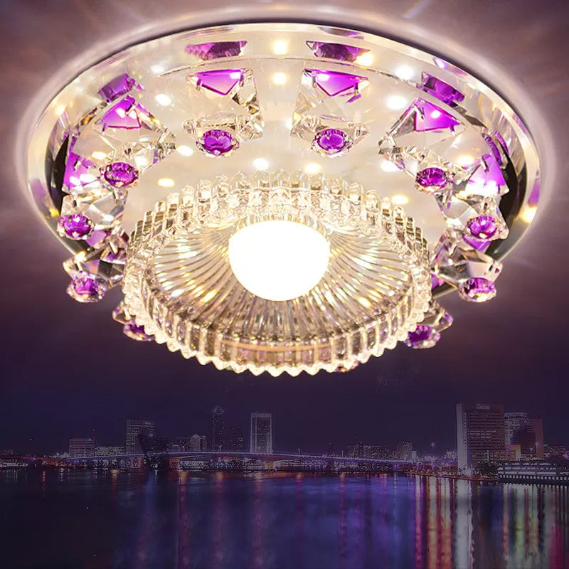 Crystal Cubic Flush Mount Fixture Minimalist LED Ceiling Light in Blue/Purple with Inner Bowl Clear Ribbed Glass Shade Purple Clearhalo 'Ceiling Lights' 'Close To Ceiling Lights' 'Close to ceiling' 'Flush mount' Lighting' 1933873