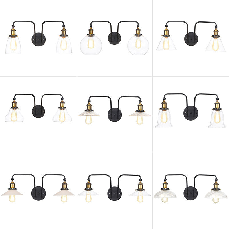 Industrial Conic/Wavy/Flare Sconce Light Glass and Metal Black 2 Bulb Wall Mount Lamp for Indoor Clearhalo 'Cast Iron' 'Glass' 'Industrial wall lights' 'Industrial' 'Middle century wall lights' 'Modern' 'Tiffany' 'Traditional wall lights' 'Wall Lamps & Sconces' 'Wall Lights' Lighting' 1933956