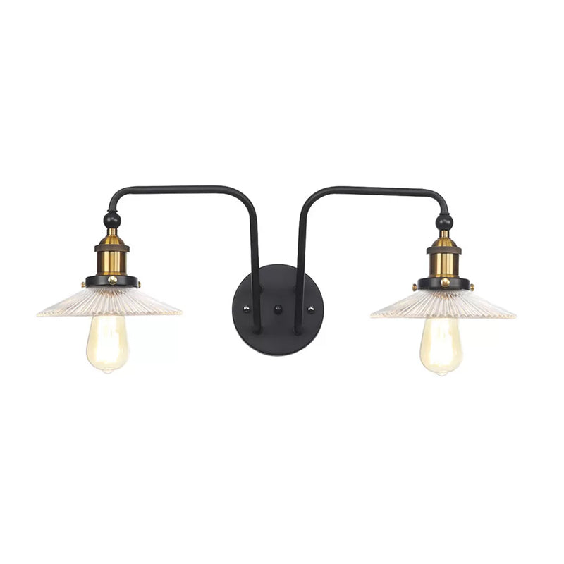 Industrial Conic/Wavy/Flare Sconce Light Glass and Metal Black 2 Bulb Wall Mount Lamp for Indoor Black Wavy Clearhalo 'Cast Iron' 'Glass' 'Industrial wall lights' 'Industrial' 'Middle century wall lights' 'Modern' 'Tiffany' 'Traditional wall lights' 'Wall Lamps & Sconces' 'Wall Lights' Lighting' 1933957