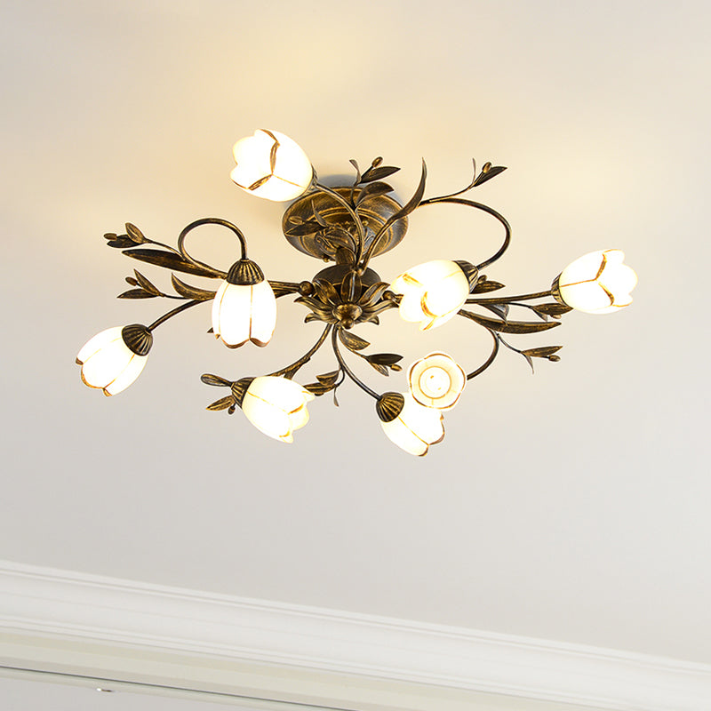 Flower Vine Bedroom Semi Flush Mount Rural Cream Glass 4/8/12-Light Antique Brass Ceiling Mounted Chandelier 8 Antique Brass Clearhalo 'Ceiling Lights' 'Close To Ceiling Lights' 'Close to ceiling' 'Semi-flushmount' Lighting' 1933964