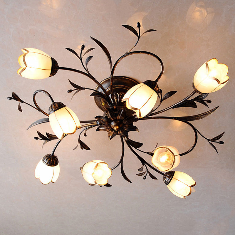 Flower Vine Bedroom Semi Flush Mount Rural Cream Glass 4/8/12-Light Antique Brass Ceiling Mounted Chandelier Clearhalo 'Ceiling Lights' 'Close To Ceiling Lights' 'Close to ceiling' 'Semi-flushmount' Lighting' 1933966