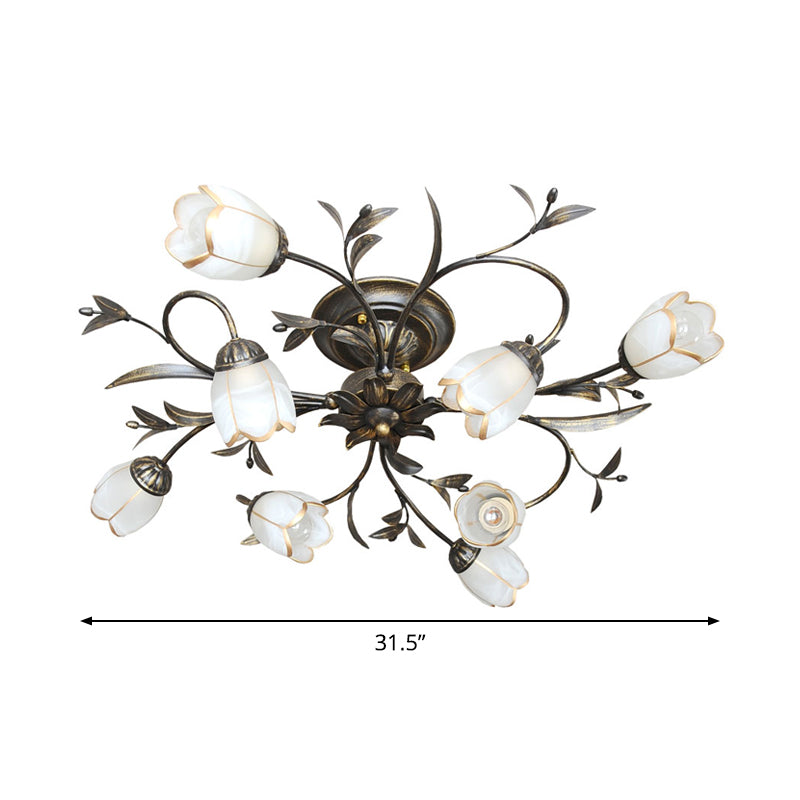 Flower Vine Bedroom Semi Flush Mount Rural Cream Glass 4/8/12-Light Antique Brass Ceiling Mounted Chandelier Clearhalo 'Ceiling Lights' 'Close To Ceiling Lights' 'Close to ceiling' 'Semi-flushmount' Lighting' 1933967