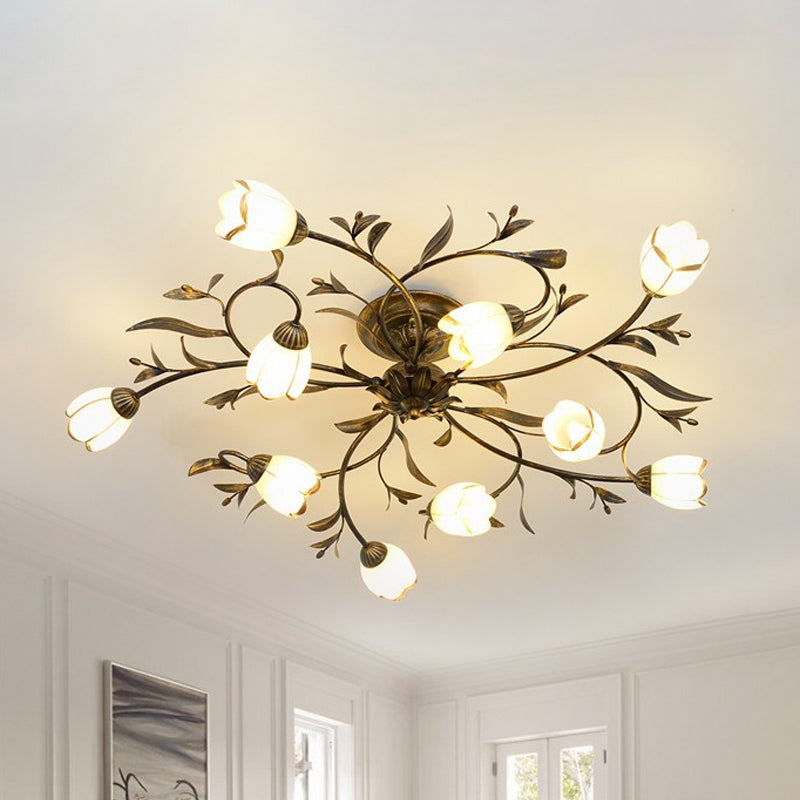 Flower Vine Bedroom Semi Flush Mount Rural Cream Glass 4/8/12-Light Antique Brass Ceiling Mounted Chandelier Clearhalo 'Ceiling Lights' 'Close To Ceiling Lights' 'Close to ceiling' 'Semi-flushmount' Lighting' 1933969