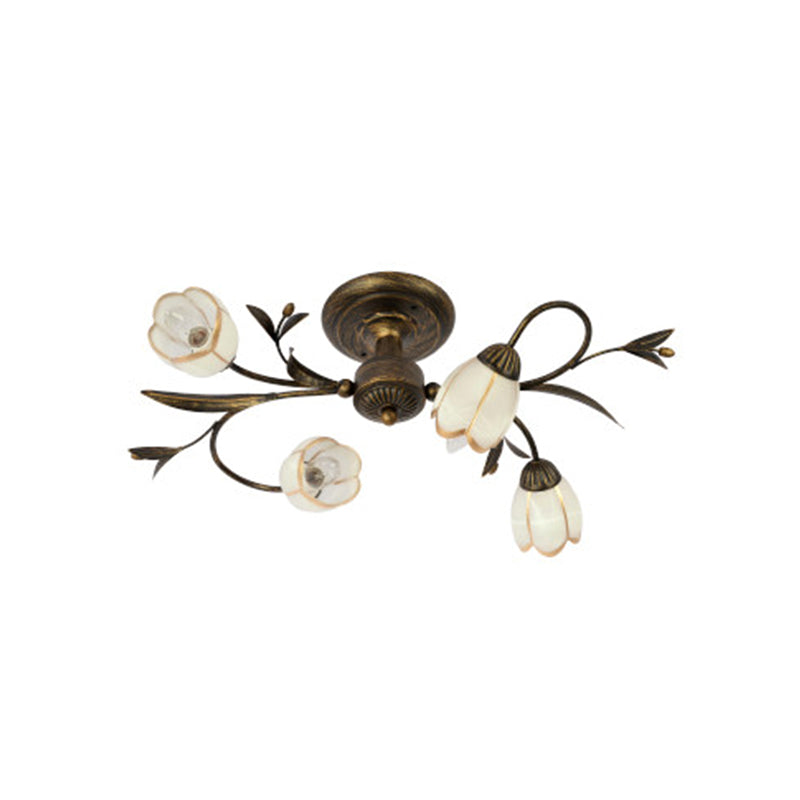 Flower Vine Bedroom Semi Flush Mount Rural Cream Glass 4/8/12-Light Antique Brass Ceiling Mounted Chandelier 4 Antique Brass Clearhalo 'Ceiling Lights' 'Close To Ceiling Lights' 'Close to ceiling' 'Semi-flushmount' Lighting' 1933973