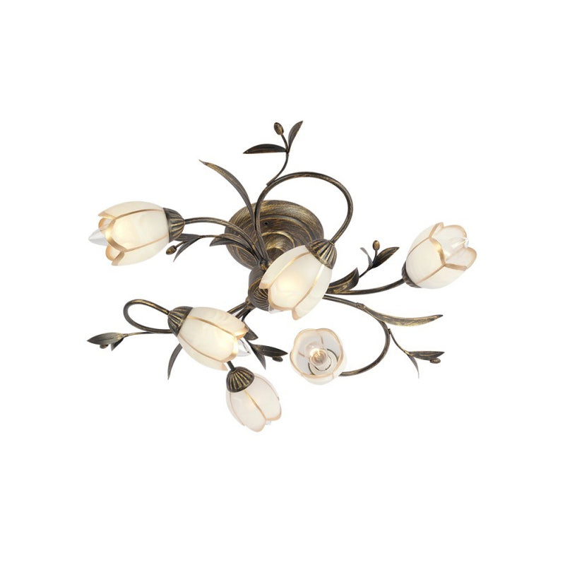 Flower Vine Bedroom Semi Flush Mount Rural Cream Glass 4/8/12-Light Antique Brass Ceiling Mounted Chandelier 6 Antique Brass Clearhalo 'Ceiling Lights' 'Close To Ceiling Lights' 'Close to ceiling' 'Semi-flushmount' Lighting' 1933976
